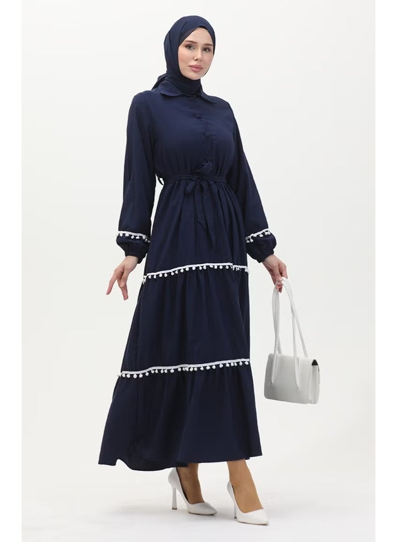 سيفا ميرفي فستان بحزام وكرات زينة (بوم بوم) 0482-05 أزرق كحلي - Image 1